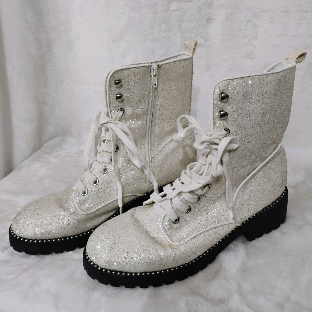Portland Womens 11 M White Glitter Combat Boots Lace Up Side Zip